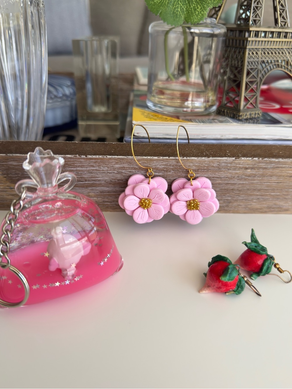 Pink Flower Drop Earrings - Gold Hooks with other sets of earrings and Charm